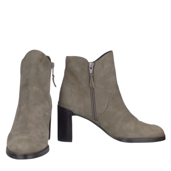 Stuart Weitzman Mcclean Suede Taupe Heeled Ankle Boot with Crescent Heel - Picture 2 of 16